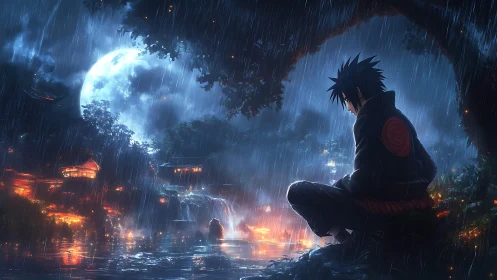 Nocturnal shinobi silhouette under torrential lunar rainfall.