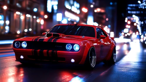 Red retro sports car on wet city street at night.