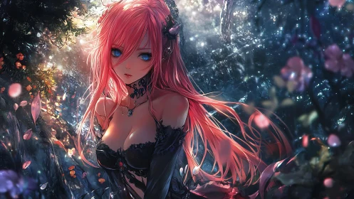 Mystical red haired anime girl glows in an enchanted forest