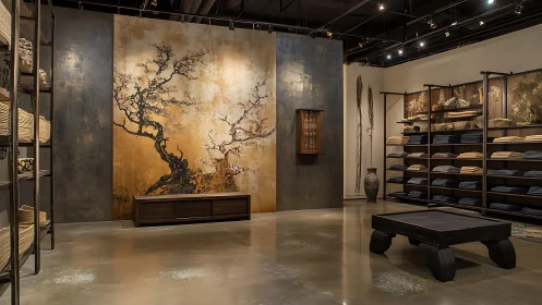 Interior retail space showcases large mural and folded textiles