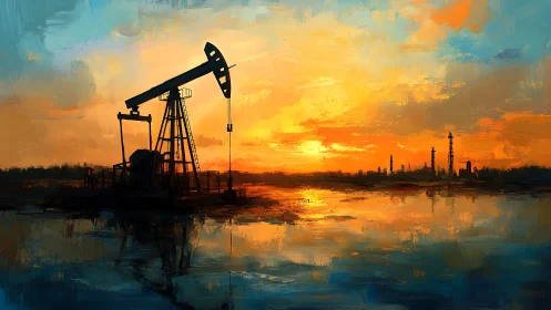 Sunset pumpjack dreaming above molten refinery mirrors.
