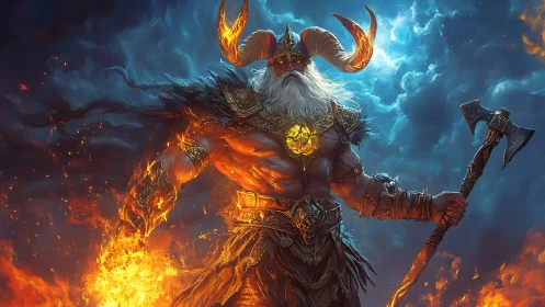 Fire demon warlord with molten armor in stormy sky.