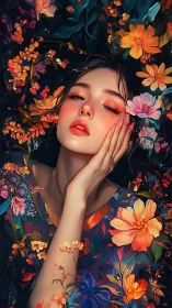 High-saturation digital portrait of woman immersed in dense florals
