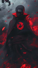 Masked shinobi in red chakra conflagration, storm-lit silhouette.