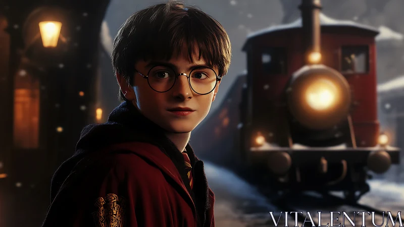 Photorealistic boy portrait before vintage winter train scene.