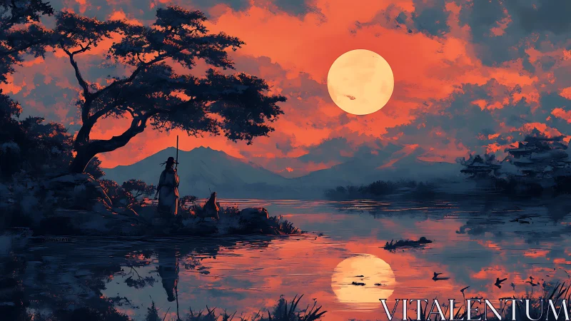 Samurai silhouette beside lake under blazing moonrise.