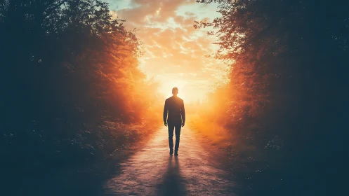 Silhouetted figure walking toward radiant sunset horizon.
