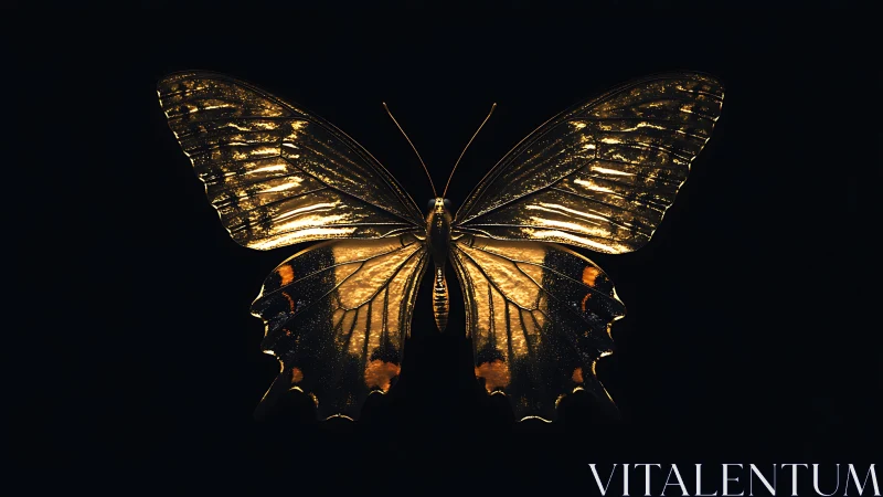 Golden butterfly wings glowing against deep black space.