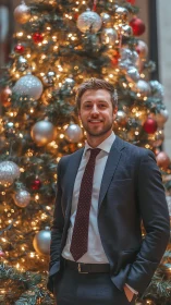 Business professional standing before illuminated tree display.