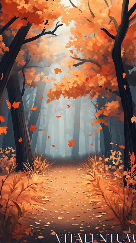 Autumn Forest Pathway with Cascading Foliage and Misty Atmosphere