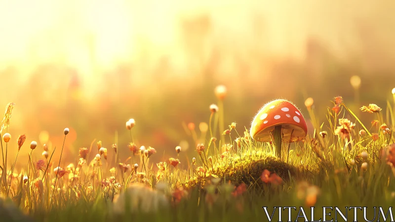 Red mushroom in sunlit meadow with shallow field depth.