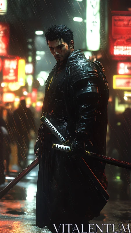 Cyberpunk swordsman in rain soaked neon city street scene.