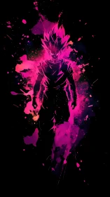 Silhouetted spiky-haired figure in neon pink splatter art.