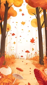 Autumn Forest Scene with Falling Leaves and Mushrooms in Watercolor Digital Illustration