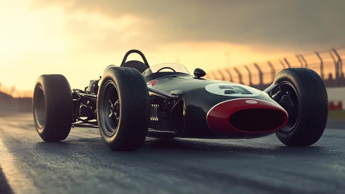 Low-slung vintage Formula race car rendered with shallow DOF and sunset lighting