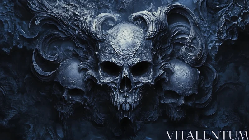 Clustered skull relief with swirling dark ornamental forms.