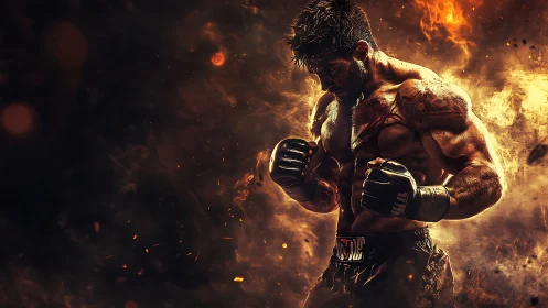 Backlit fighter framed by dynamic embers and high-contrast rim light