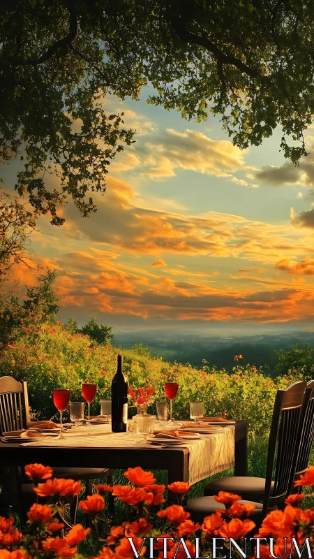 Sunset hillside dinner table glowing with flowers and wine.