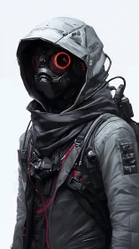 Hooded cyber operative stands ready in stark white void