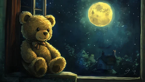 Moonlit teddy bear dreaming by a starlit night window.