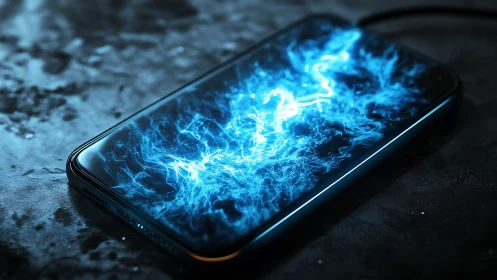 Smartphone on dark surface with blue energy display effect.