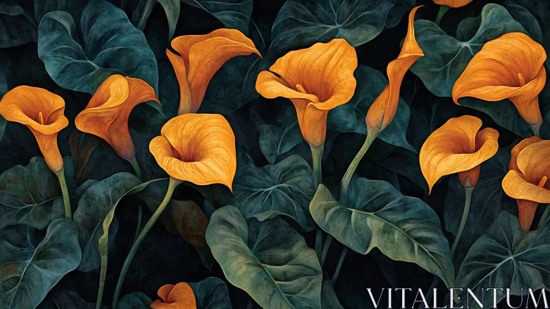Golden Calla Lilies With Layered Teal Foliage Against Dark Background
