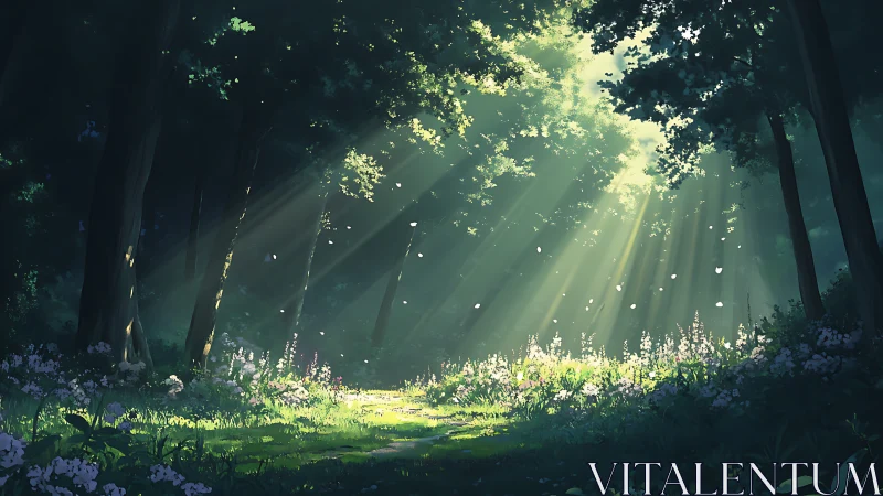 Enchanted Forest Clearing with Ethereal Sunlight and Blooming Flowers.