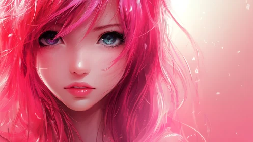 Vivid pink haired anime girl gazes forward in soft light