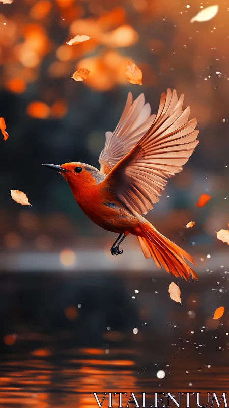 Scarlet songbird ascends through drifting autumn leaves.