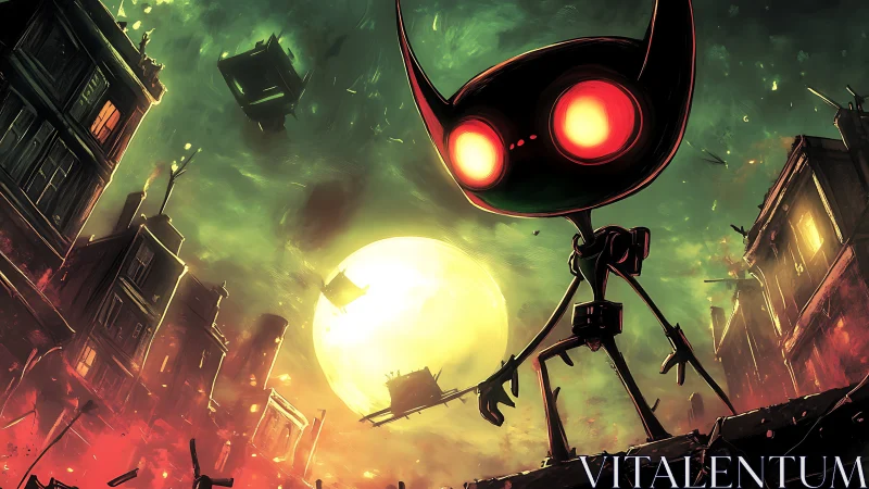 Alien-eyed robot surveys a burning apocalyptic cityscape.