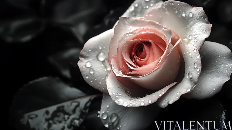 Rose specimen with moisture droplets, selective color treatment.