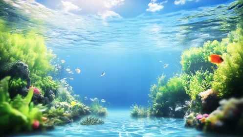 Sunlit coral canyon where shoals of tropical color wander.