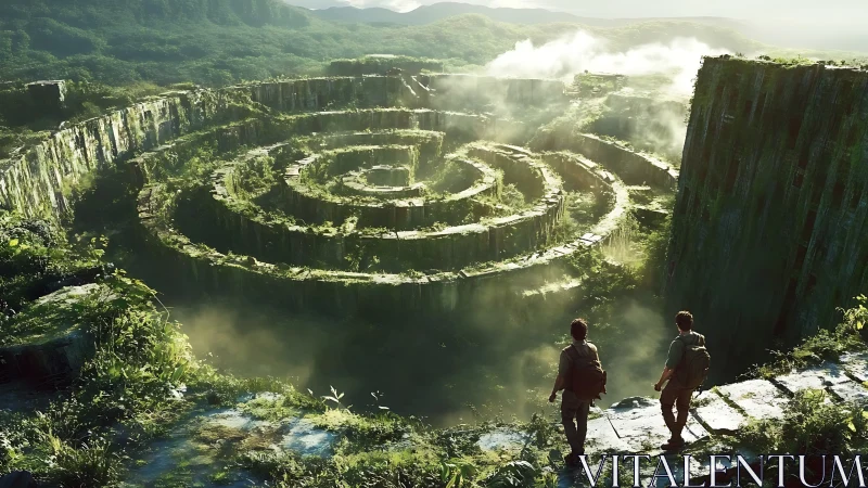 Two wanderers greet a mist-drenched jungle stone labyrinth