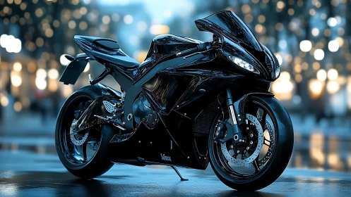 Midnight superbike gleaming on wet city street bokeh backdrop.