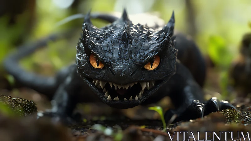 Menacing small black dragon with sharp teeth in forest
