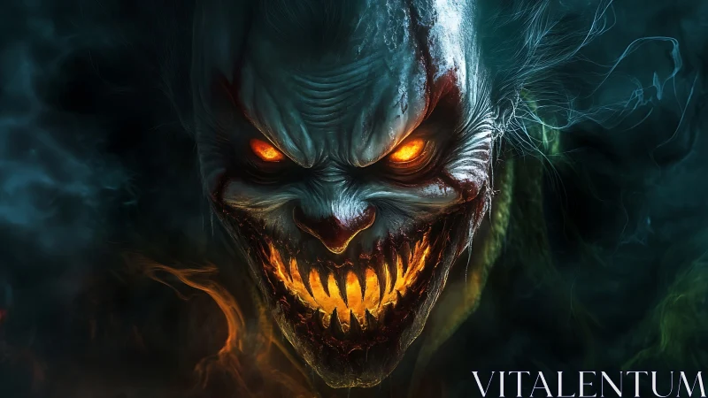 Infernal biomech clown visage with incandescence and smoke.