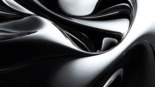 Monochrome fluid metal surface with curved reflective forms.