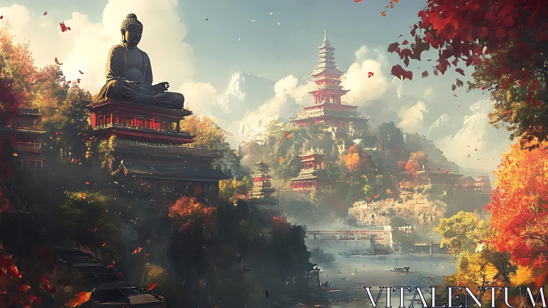 Buddha statue above autumnal riverside temple valley.