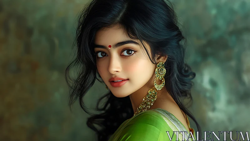 Portrait of young woman in green saree with gold jewelry.