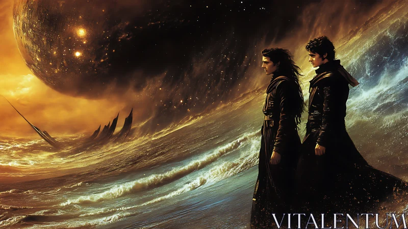 Twin wanderers on a storm-dark sea beneath burning worlds.