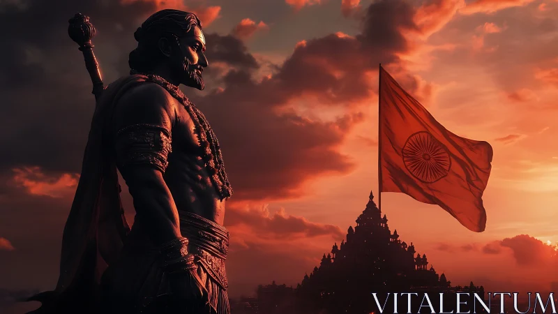 Warrior silhouette and Indian flag at blazing sunset horizon.