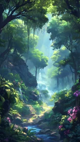 Luminescent Forest Canyon with Cascading Waters and Verdant Ecological Stratification.