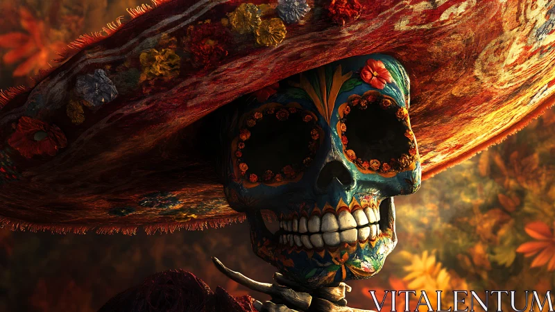 Decorated sugar skull figure in large embroidered hat.