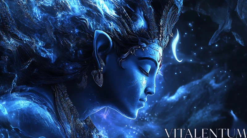 Mythic blue deity profile amid luminous cosmic nebula
