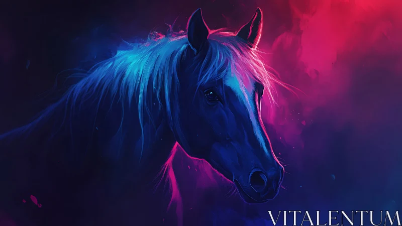 Luminous horse portrait glows softly in neon night colors