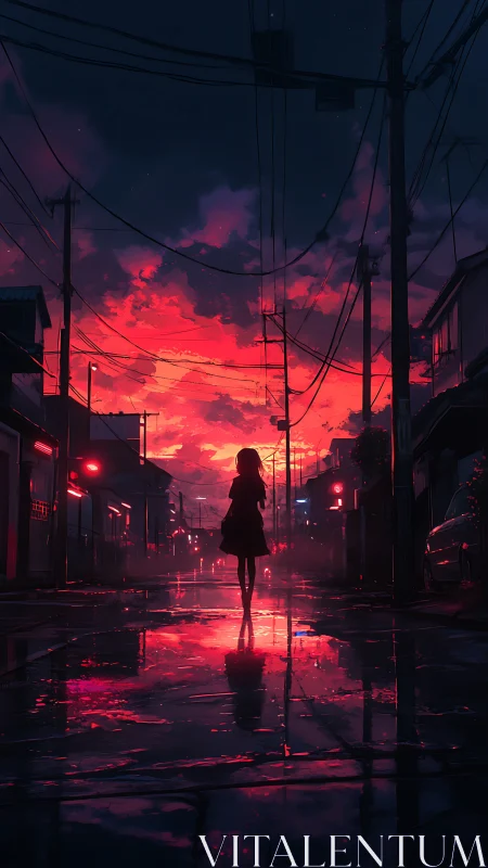 Silhouette on wet street under intense red evening sky.