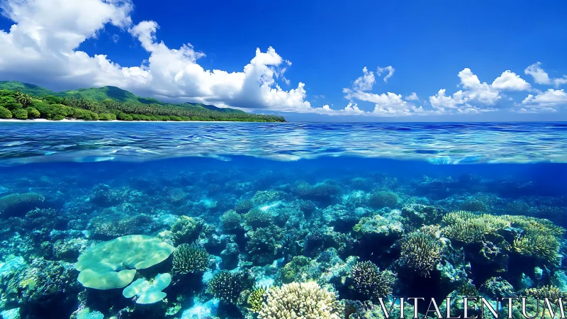 Tropical fringing reef split view with island coastline horizon