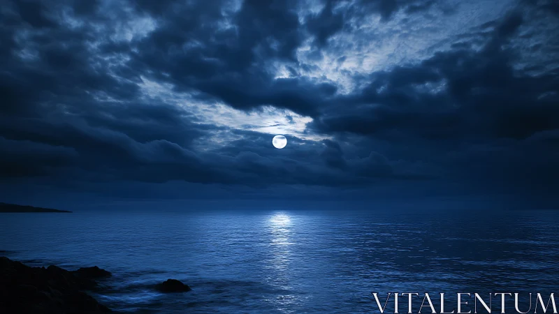 Full moon illuminates turbulent clouds above reflective sea