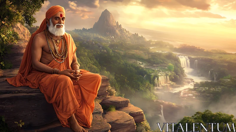 Serene orange-robed sage contemplates at sunrise waterfalls