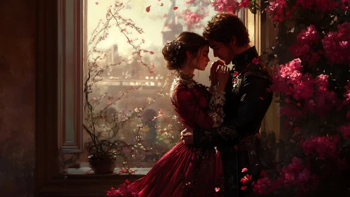 Two figures in formal period dress positioned at window with floral surroundings